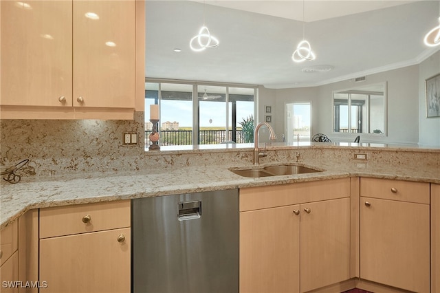 kitchen featuring light brown cabinetry, dishwasher, light stone countertops, and sink