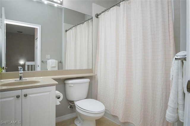 bathroom with tile patterned floors, curtained shower, toilet, and vanity