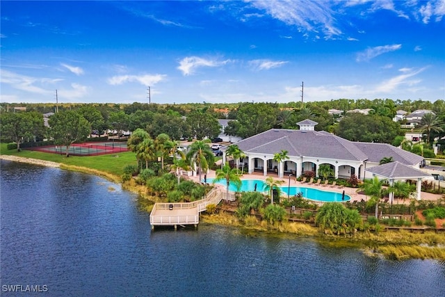 drone / aerial view with a water view