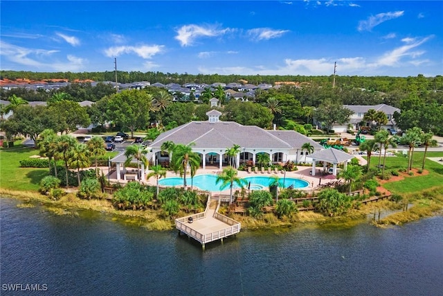 drone / aerial view with a water view