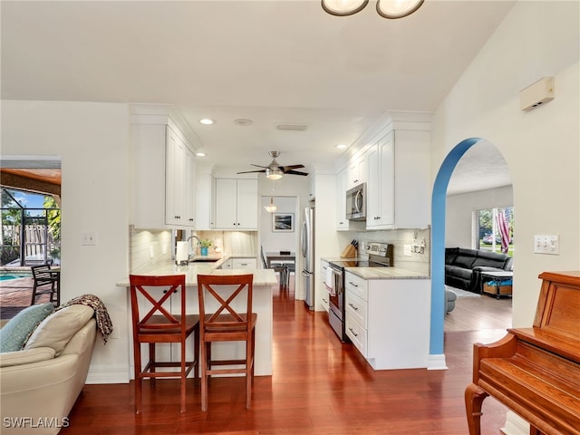 kitchen featuring stainless steel appliances, dark wood-type flooring, a wealth of natural light, and kitchen peninsula