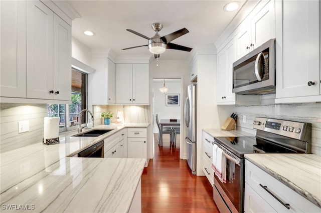 kitchen with white cabinets, sink, stainless steel appliances, dark hardwood / wood-style floors, and decorative backsplash