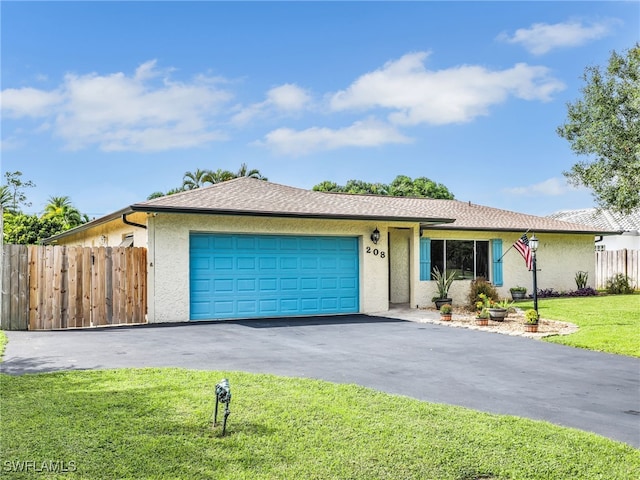 single story home featuring a garage and a front lawn