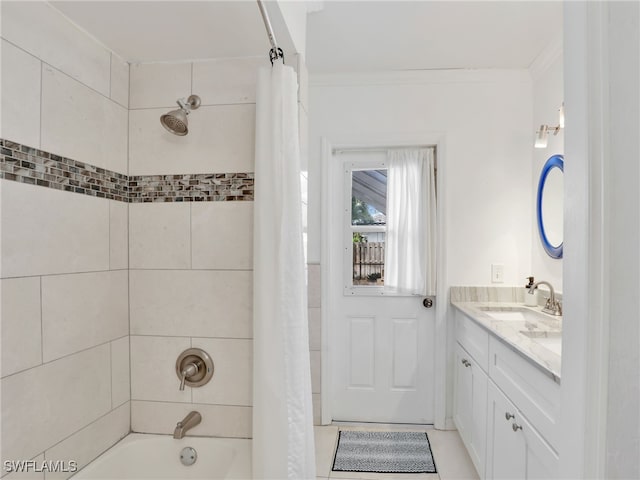 bathroom featuring crown molding, tile patterned flooring, vanity, and shower / bath combination with curtain