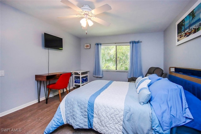 bedroom with ceiling fan and wood-type flooring