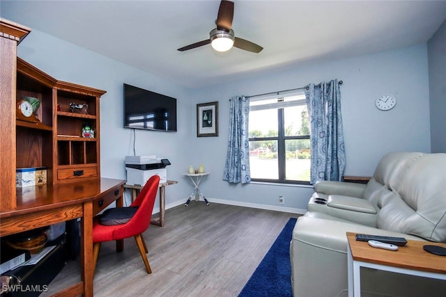 office space with ceiling fan and hardwood / wood-style flooring