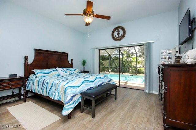 bedroom with light hardwood / wood-style flooring, access to exterior, and ceiling fan