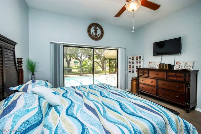 bedroom featuring access to outside, wood-type flooring, and ceiling fan