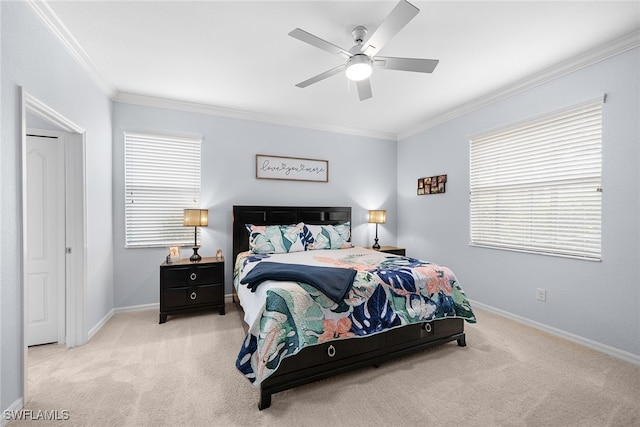 bedroom featuring light carpet, ceiling fan, and ornamental molding