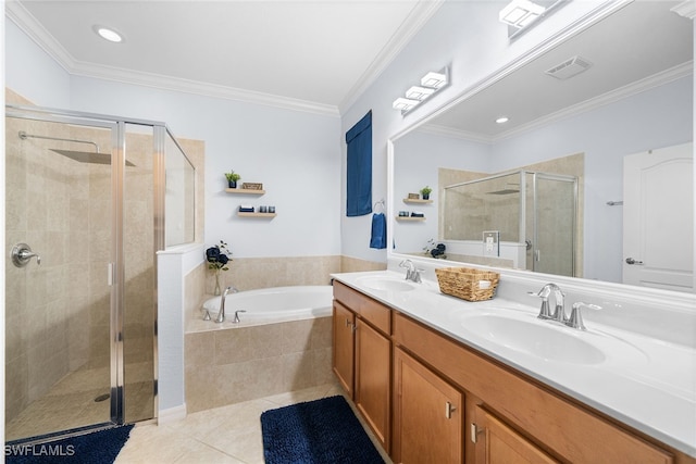 bathroom featuring independent shower and bath, vanity, tile patterned floors, and ornamental molding