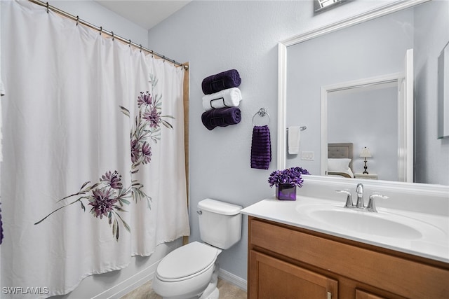 full bathroom featuring vanity, toilet, and shower / bathtub combination with curtain