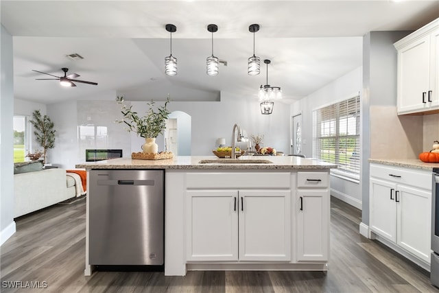 kitchen with dishwasher, sink, white cabinetry, decorative light fixtures, and dark hardwood / wood-style flooring