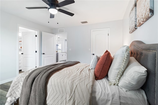 bedroom featuring ceiling fan and hardwood / wood-style floors