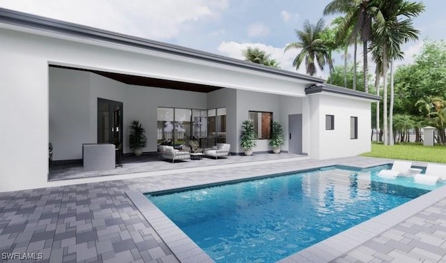 rear view of property featuring a patio area, an outdoor pool, fence, and stucco siding