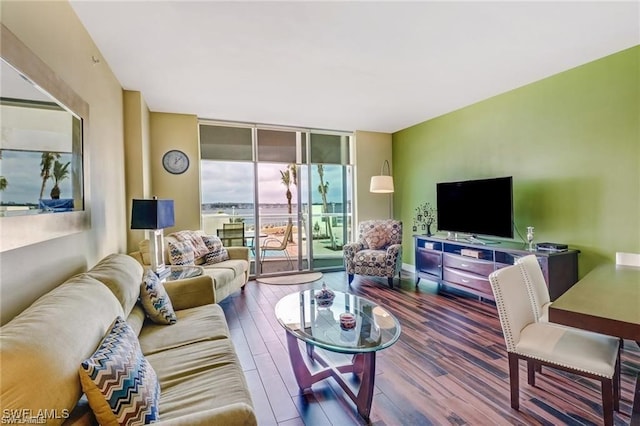 living room featuring floor to ceiling windows and hardwood / wood-style floors