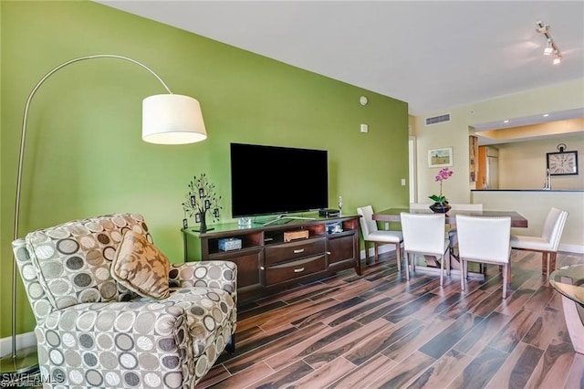 living room featuring dark wood-type flooring