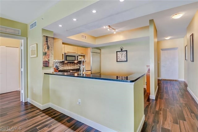 kitchen with sink, decorative backsplash, kitchen peninsula, and dark hardwood / wood-style floors