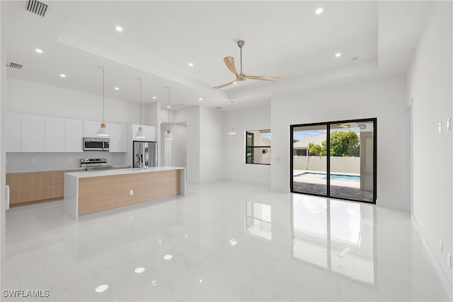 kitchen with a spacious island, appliances with stainless steel finishes, white cabinets, and a tray ceiling