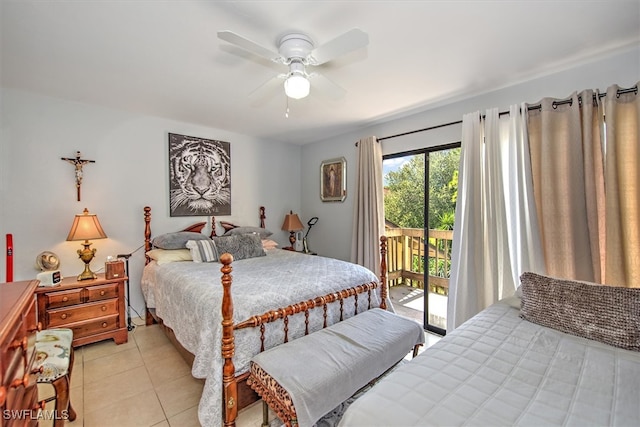 tiled bedroom with ceiling fan and access to exterior