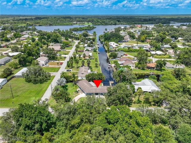 drone / aerial view featuring a water view