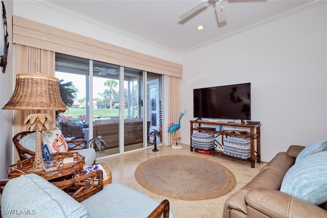 living room featuring ceiling fan and crown molding