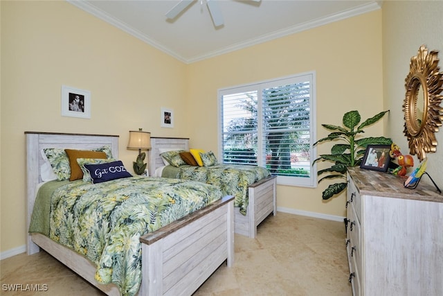 bedroom featuring ceiling fan and crown molding