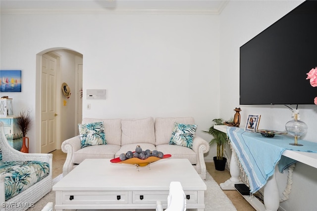 living room with ornamental molding