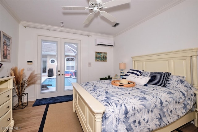 bedroom with a wall mounted air conditioner, french doors, crown molding, ceiling fan, and access to exterior