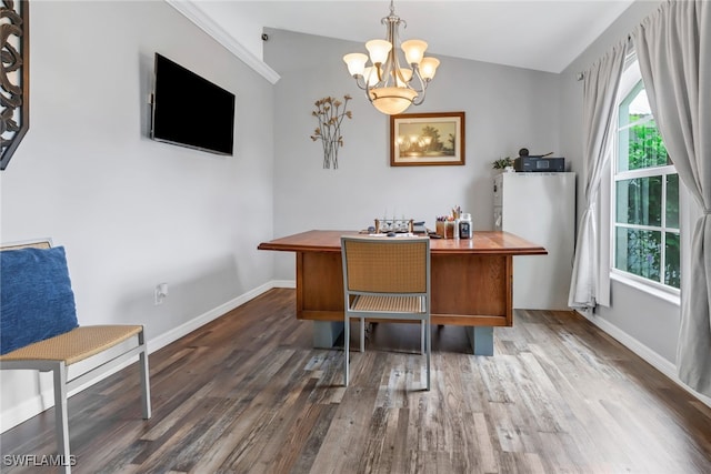 office space with a notable chandelier, lofted ceiling, and dark wood-type flooring