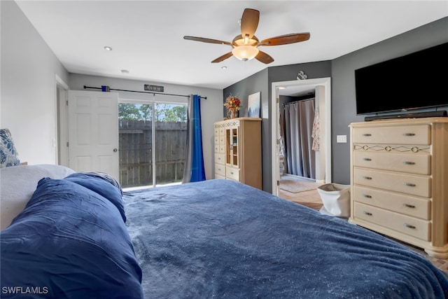 bedroom featuring ceiling fan and access to exterior