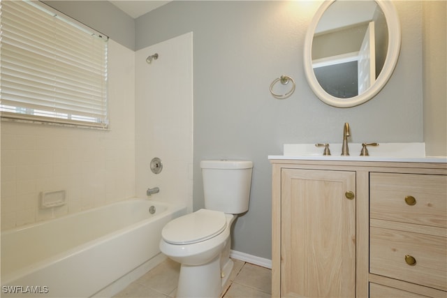 full bathroom with tile patterned floors, vanity, shower / bath combination, baseboards, and toilet