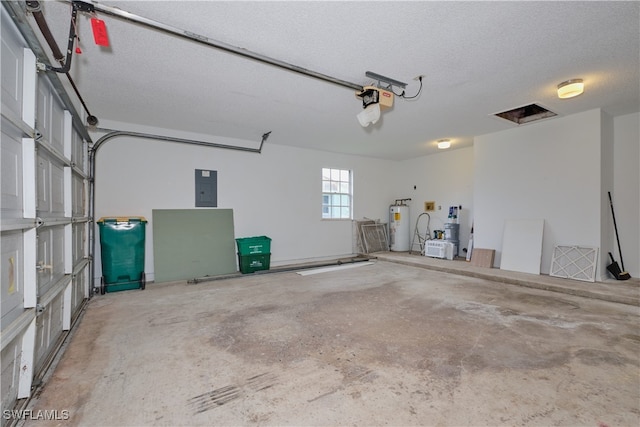 garage with electric panel, a garage door opener, and water heater