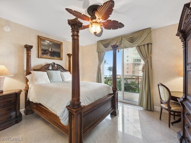 bedroom with access to exterior and ceiling fan