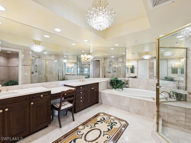 970 Cape Marco Dr Unit 402, Marco Island, FL 34145 - full bath with an inviting chandelier, a stall shower, a bath, visible vents, and a tray ceiling