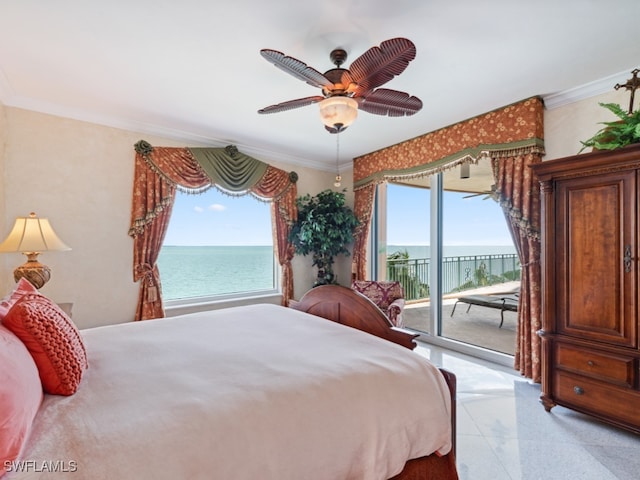 bedroom with crown molding, access to outside, ceiling fan, and a water view