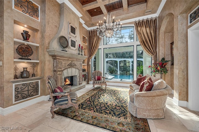 living room featuring coffered ceiling, beamed ceiling, a high ceiling, and built in shelves