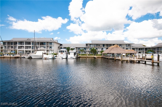 view of water feature with a boat dock