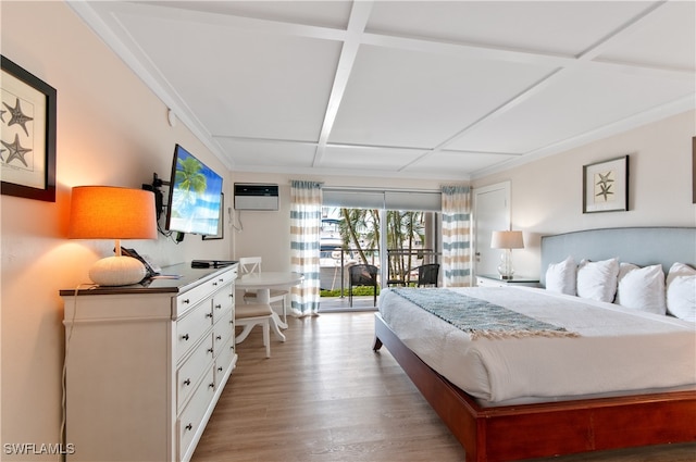 bedroom featuring light wood-style floors, coffered ceiling, access to exterior, and crown molding