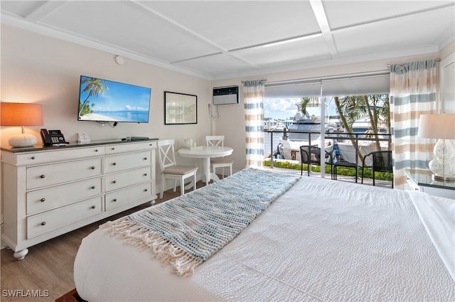 bedroom featuring coffered ceiling, dark wood-type flooring, and access to outside