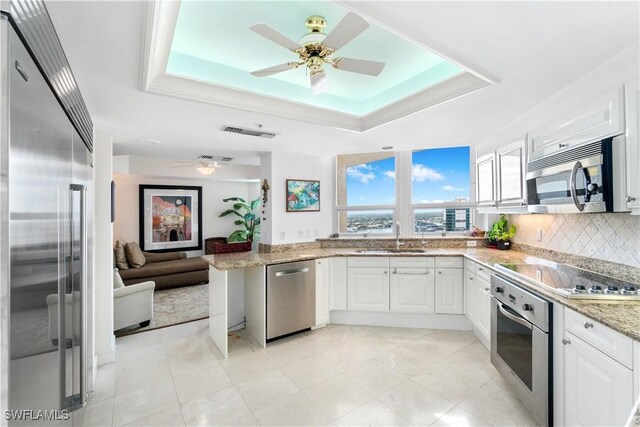 kitchen featuring appliances with stainless steel finishes, a sink, visible vents, a raised ceiling, and a ceiling fan