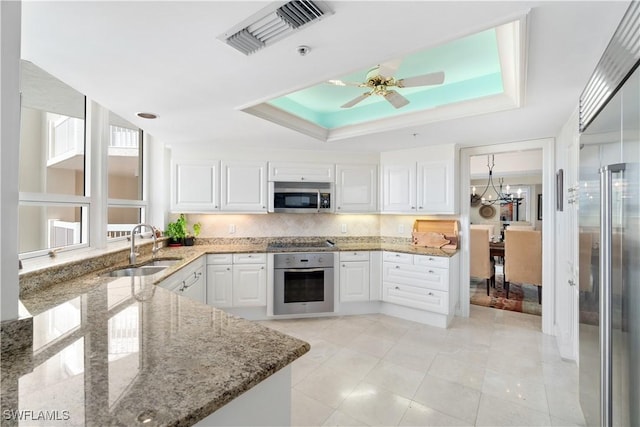kitchen featuring light stone countertops, a sink, stainless steel appliances, a tray ceiling, and white cabinets