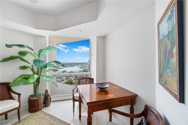 interior space featuring a water view