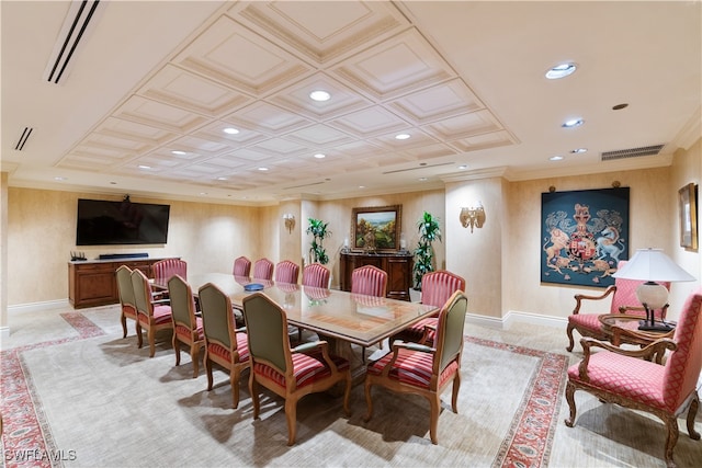 dining space with light carpet, coffered ceiling, and ornamental molding