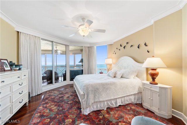 bedroom featuring access to outside, ornamental molding, ceiling fan, a water view, and dark hardwood / wood-style flooring