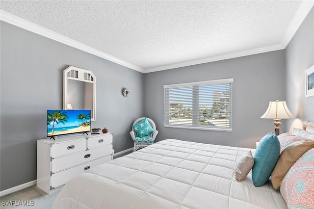 bedroom featuring ornamental molding, a textured ceiling, and light colored carpet