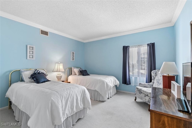 carpeted bedroom featuring a textured ceiling and ornamental molding