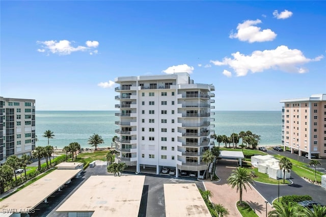 view of building exterior featuring a water view