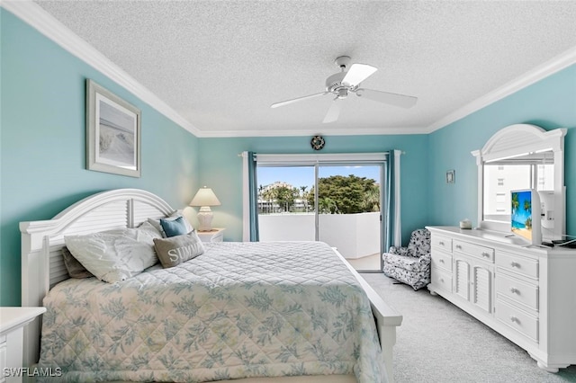 bedroom with a textured ceiling, access to exterior, light carpet, ornamental molding, and ceiling fan