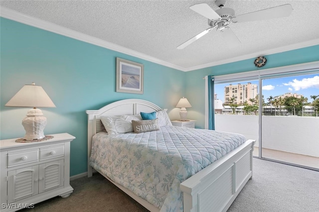 bedroom featuring carpet flooring, ceiling fan, access to outside, and a textured ceiling