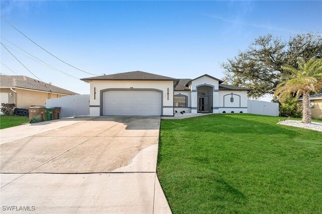 single story home featuring a front lawn and a garage